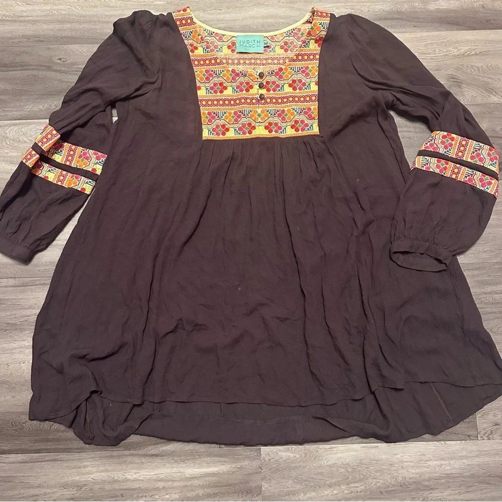 Judith March Tunic Dress Women’s Sz M Brown Boho Floral Embroidery Mini LS  Fall